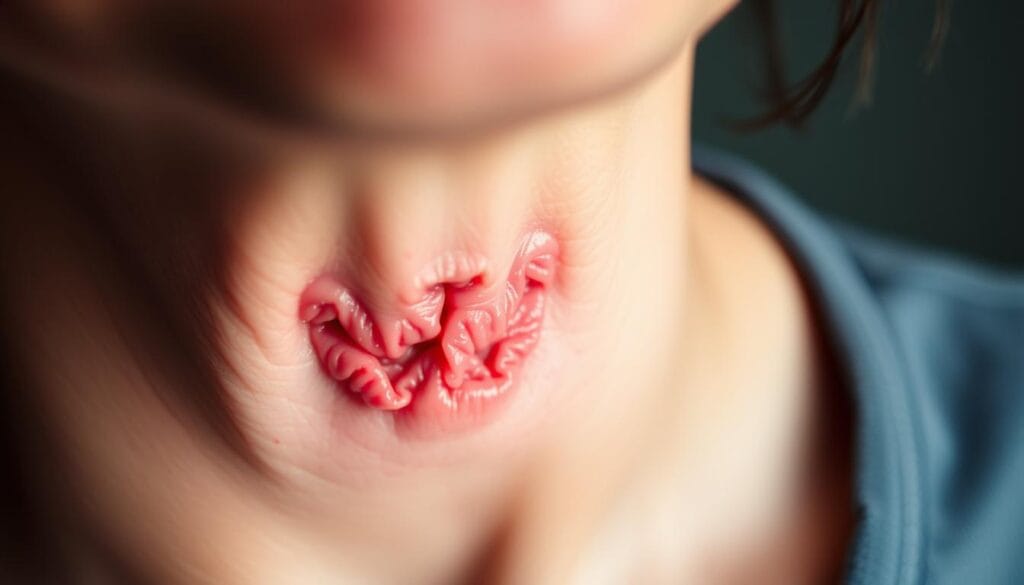 Mal de gorge : soigner naturellement avec la ravintsara 1 A close-up view of an inflamed throat, capturing the redness, swelling, and texture of the pharynx. The image should convey the discomfort and irritation associated with a sore throat, with a soft, diffused lighting that highlights the affected area. The background should be blurred and out of focus, emphasizing the focal point of the inflamed gorge. Subtle shadows and highlights should be present to add depth and dimension to the image. The overall mood should be one of discomfort and unease, reflecting the experience of someone suffering from a sore throat.