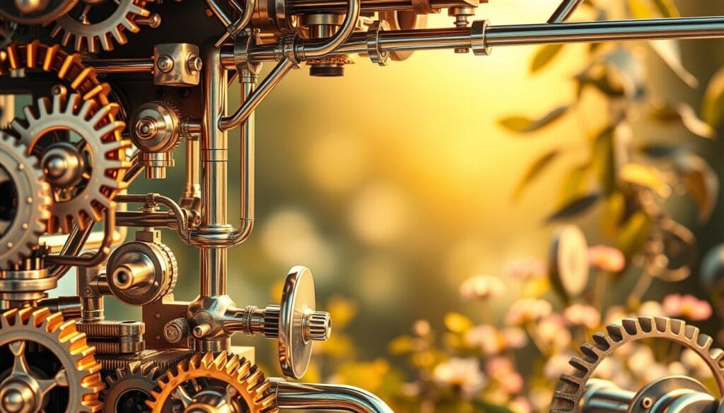 Slimms Gummies : bonbons minceur efficaces ? 1 A close-up view of the intricate metabolic process, depicted as a sophisticated mechanical apparatus. The foreground showcases a series of interconnected gears, cogs, and levers, symbolizing the complex pathways of biochemical reactions. The middle ground features a sleek, chrome-accented framework, hinting at the efficient and streamlined nature of the metabolism. In the background, a soft-focus landscape of organic elements, such as leaves and flowers, subtly suggests the integration of biological systems. The lighting is a harmonious blend of warm, golden tones and cool, metallic hues, creating a visually captivating and technically precise illustration of the "mécanisme métabolisme".