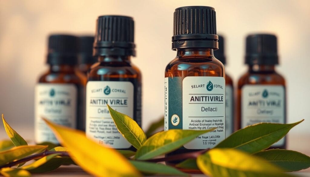 Rhume : les meilleures huiles essentielles à diffuser 1 A close-up, well-lit image of several essential oil bottles and leaves against a soft, blurred background. The bottles should have clear, detailed labels showcasing their antiviral properties. The leaves should be vibrant, green, and evocative of a natural, earthy atmosphere. Warm, golden lighting should create a soothing, therapeutic ambiance. The composition should be balanced, with the essential oils and leaves occupying the foreground and middle ground, allowing the background to gently fade into a hazy, out-of-focus state. The overall scene should convey the natural, holistic solution for treating the common cold.