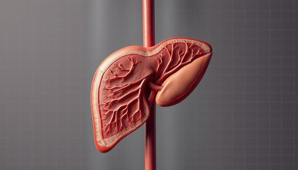 7 signes d'un foie malade : symptômes à reconnaître 1 A cross-section of the human liver, rendered in a detailed anatomical style. The foreground features the liver's intricate network of lobes, vessels, and ducts, highlighting its vital functions in blood filtration, bile production, and nutrient metabolism. The middle ground showcases the liver's position within the abdominal cavity, surrounded by the diaphragm and other organs. The background sets a muted, scientific tone with a subtle grid or graph pattern, emphasizing the liver's role as a central hub in the body's complex systems. Lighting is soft and directional, casting subtle shadows to accentuate the liver's three-dimensional structure. The overall composition conveys a sense of reverence and importance for this essential organ.