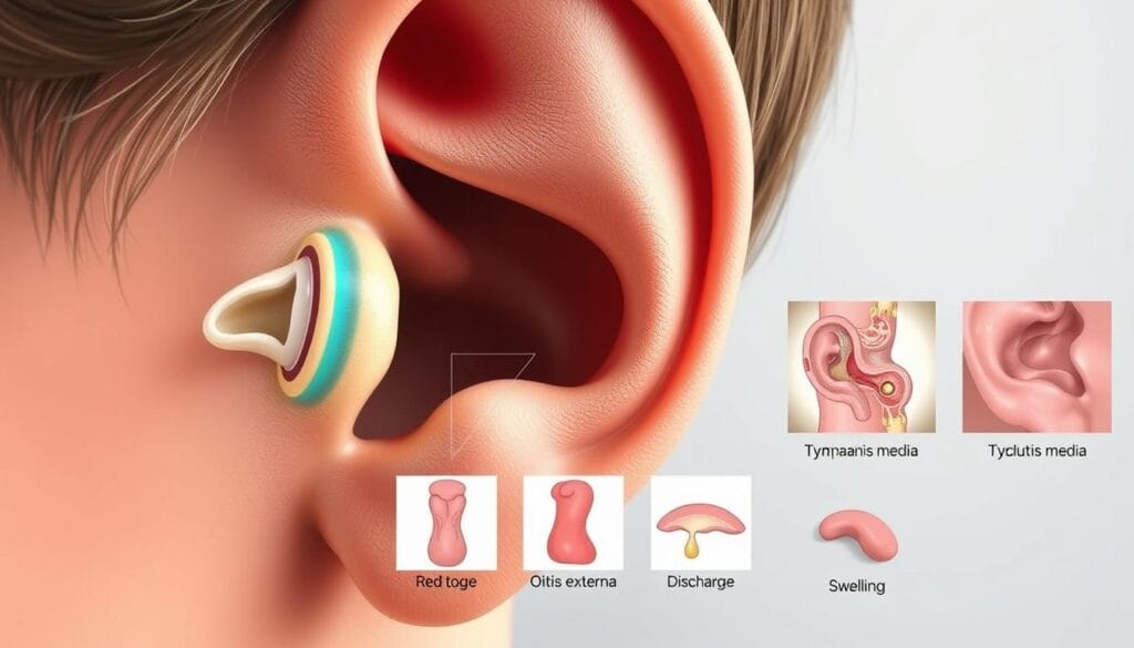 Otite : soulagement naturel avec l’huile tea tree 1 A detailed medical illustration showcasing the various types of otitis and their corresponding symptoms. The image features a close-up view of a human ear, showcasing the different anatomical structures and regions affected by different forms of ear inflammation. The foreground depicts the inner workings of the ear canal and tympanic membrane, highlighting the key visual indicators of conditions like acute otitis media, chronic otitis media, and otitis externa. The middle ground presents annotated visuals of the symptoms associated with each type, such as redness, swelling, and discharge. The background provides a muted, clinical setting, emphasizing the educational and informative nature of the illustration. Rendered in a realistic, high-resolution style with a neutral color palette to convey the medical subject matter effectively.