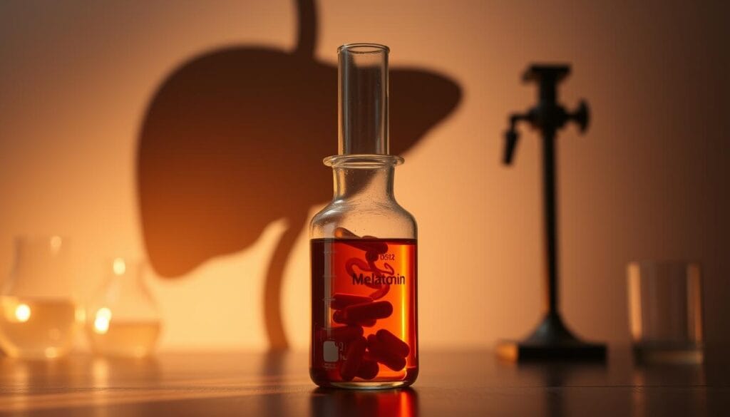 Mélatonine et foie : y a-t-il un risque réel ? 1 A dimly lit laboratory scene with a glass beaker filled with a swirling amber liquid, representing melatonin supplements. In the background, a large liver-shaped organ casts an ominous shadow, hinting at the potential impact on hepatic health. Soft, warm lighting illuminates the setup, creating an atmosphere of scientific inquiry and a sense of uncertainty about the relationship between melatonin and liver health. The scene evokes a thoughtful, exploratory mood, inviting the viewer to consider the nuances of this complex topic.