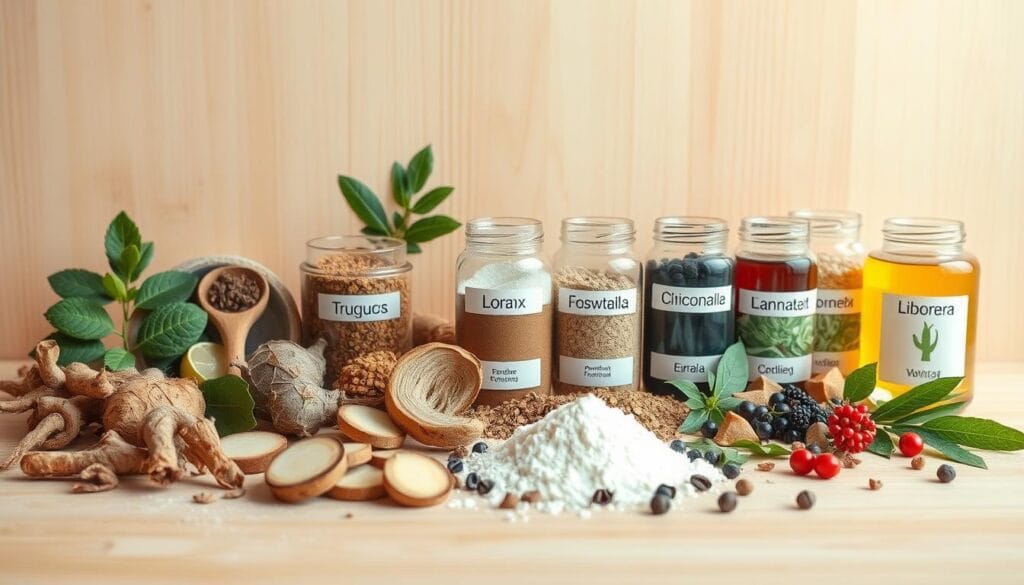 Libonex : efficacité et avis des utilisateurs 2 A neatly arranged assortment of natural ingredients used in the Libonex formula. In the foreground, various whole and sliced botanicals such as roots, leaves, and berries are displayed against a soft, diffused light. The middle ground showcases glass jars filled with powdered extracts and tinctures, each labeled with their herbal names. In the background, a minimalist, clean-lined wooden backdrop provides a serene, natural ambiance. The lighting is warm and inviting, highlighting the vibrant colors and textures of the natural elements. The overall composition conveys a sense of purity, efficacy, and transparency about the active ingredients in the Libonex supplement.