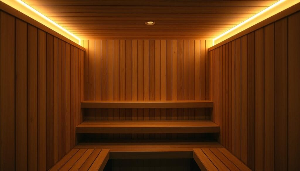 Sauna japonais : bienfaits, méthode et efficacité 1 A serene Japanese-style infrared sauna, its sleek wooden interior bathed in a warm, soothing glow. The infrared panels emit a gentle, penetrating heat, stimulating the body's natural detoxification processes. The scene exudes a sense of tranquility and wellness, with clean lines and a minimalist aesthetic that evokes the Japanese design philosophy. The lighting is soft and diffused, creating a calming atmosphere. The camera angle is slightly elevated, capturing the sauna's peaceful ambiance and inviting the viewer to imagine the restorative experience within.