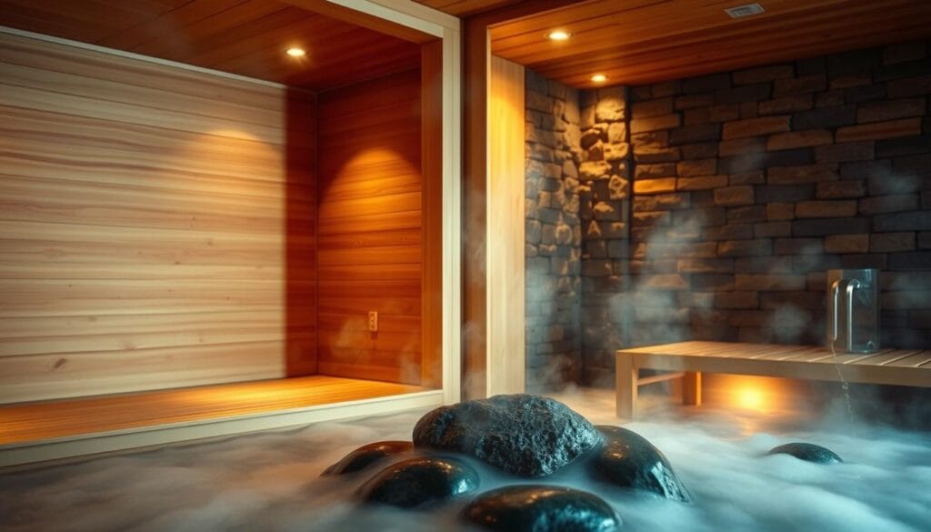 Sauna japonais : bienfaits, méthode et efficacité 2 A serene Japanese-style sauna and a traditional European sauna, side by side, bathed in warm, soft lighting. The Japanese sauna features smooth, natural wood paneling, while the European sauna has a rugged, stone-clad interior. In the foreground, steam gently rises from the heated rocks, creating a tranquil, relaxing atmosphere. In the middle ground, the contrasting design elements and heating methods of the two saunas are highlighted, inviting the viewer to compare and appreciate their unique characteristics. The background suggests a peaceful, spa-like setting, with subtle earth-toned accents complementing the natural materials. The overall scene conveys a sense of well-being and the calming, restorative benefits of these distinct sauna experiences.