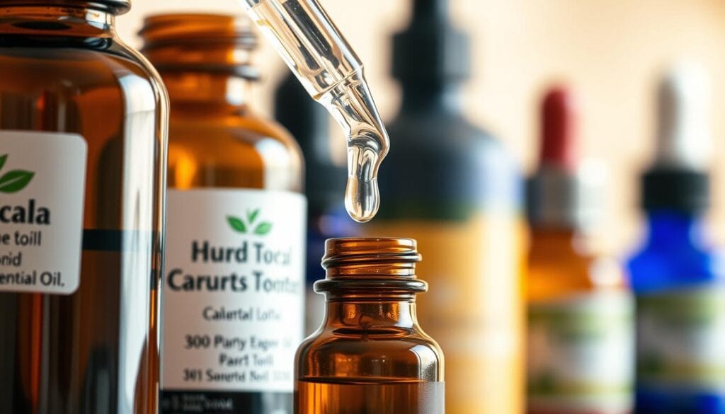 Infection urinaire : huiles essentielles à privilégier 1 A serene close-up of various essential oil bottles and droppers, showcasing their antibacterial properties. The foreground features a selection of amber and cobalt glass bottles, their labels prominently displaying their botanical names. In the middle ground, delicate glass pipettes gently release a few precious drops, hinting at the potent therapeutic potential within. The background softly blurs, allowing the viewer to focus on the natural beauty and efficacy of these essential oils as they relate to urinary tract infections. Warm, diffused lighting casts a gentle glow, conveying a sense of tranquility and healing. The overall composition exudes a sense of purity, professionalism, and the restorative power of nature.