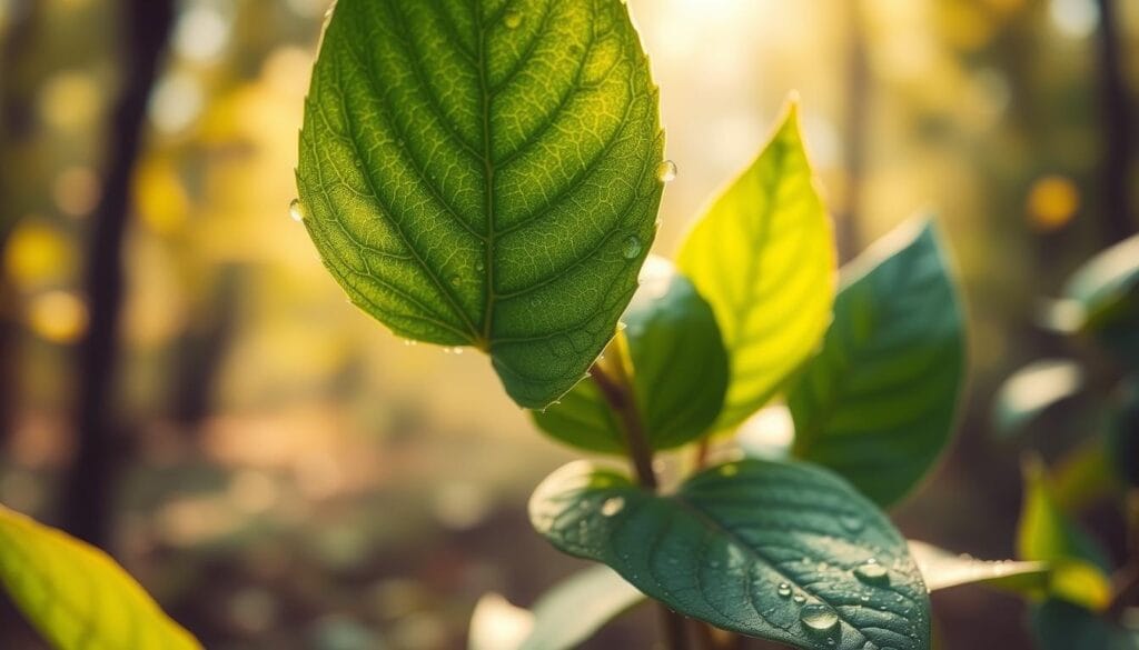 Rhume : comment utiliser l’huile essentielle de ravintsara 1 A serene, close-up shot of fresh ravintsara leaves, their vibrant green hues accentuated by warm, natural lighting. The leaves are glistening with dew, highlighting their intricate textures and veins. In the background, a blurred, soothing forest scene provides a calming, earthy context. The image conveys the soothing, restorative properties of this essential oil, with a focus on the plant's natural beauty and therapeutic potential.