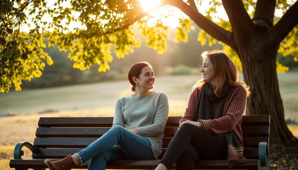 Être une personne solaire : attitude et énergie 2 A serene outdoor scene with two people sitting on a park bench, engaged in genuine conversation. Soft, warm lighting filters through the leaves of a nearby tree, casting a gentle glow over the tranquil setting. The individuals' body language and facial expressions convey a sense of openness, trust, and attentive listening, reflecting the authentic, positive connection between them. In the background, a lush, verdant landscape frames the intimate moment, emphasizing the importance of cultivating meaningful, natural relationships. The overall composition evokes a sense of harmony, comfort, and the beauty that can arise from genuine human interaction.