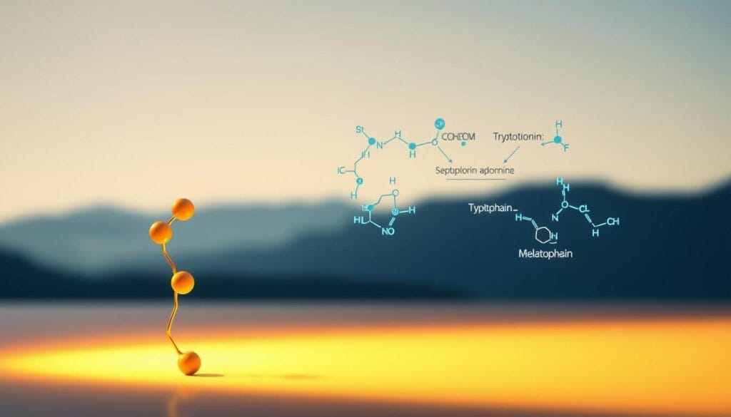 Tryptophane et minceur : rôle et efficacité réelle 1 A serene, scientific illustration showcasing the synthesis of serotonin and melatonin. In the foreground, a delicate tryptophan molecule stands as the precursor, bathed in warm lighting. In the middle ground, intricate molecular diagrams depict the enzymatic pathways converting tryptophan into serotonin and melatonin, colored in calming blues and greens. The background features a subtle, minimalist landscape, evoking the natural sources of these essential neurochemicals. The overall composition conveys a sense of balance, harmony, and the crucial role tryptophan plays in regulating mood and sleep cycles.