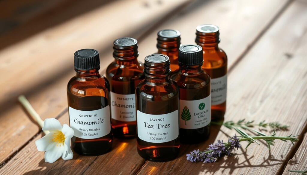 Infection urinaire : huiles essentielles à privilégier 2 A serene still life arrangement showcasing a selection of essential oils in amber glass bottles, strategically positioned on a rustic wooden surface. The bottles are meticulously arranged, casting soft shadows and reflecting the warm, natural lighting. The label on each bottle clearly indicates the oil type, including chamomile, lavender, and tea tree - all known for their beneficial properties in treating urinary tract infections. The overall composition exudes a sense of tranquility and wellness, perfectly complementing the article's focus on utilizing the best essential oils for urinary health.
