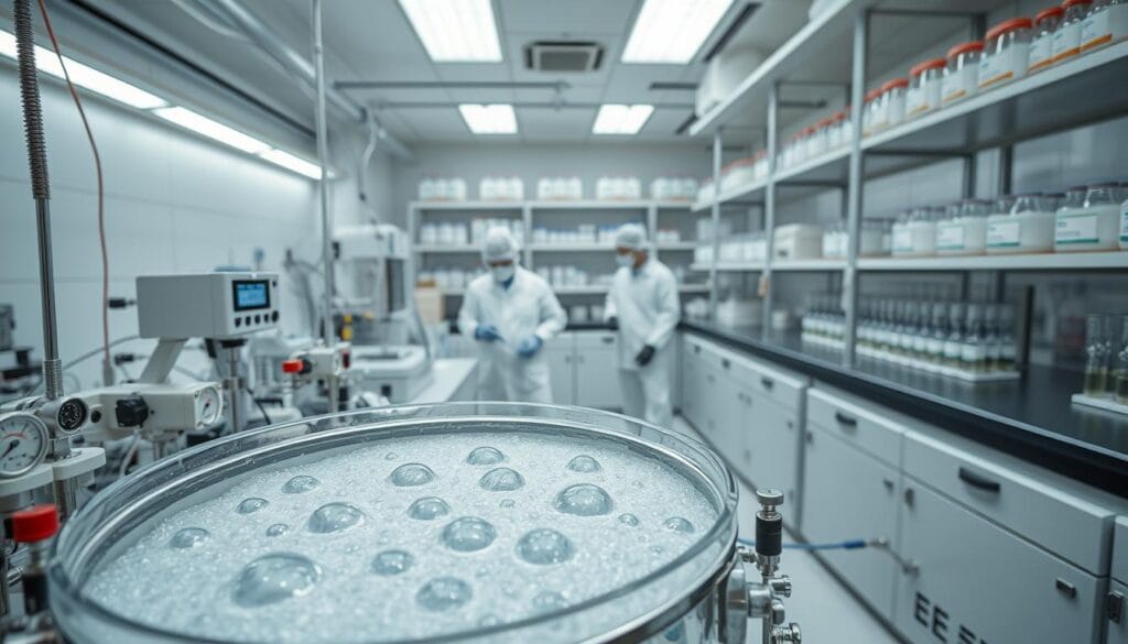 Postbiotic : que penser de ce complément digestif ? 2 A sterile, well-lit laboratory setting with sophisticated scientific equipment and glassware. In the foreground, a bioreactor vat filled with a clear, bubbling liquid and surrounded by various measurement instruments. In the middle ground, researchers in clean white coats and protective gear carefully monitoring readouts and adjusting dials. In the background, rows of shelves housing neatly labeled sample vials and fermentation chambers. The overall atmosphere conveys a sense of precision, innovation, and the meticulous process of postbiotic production.