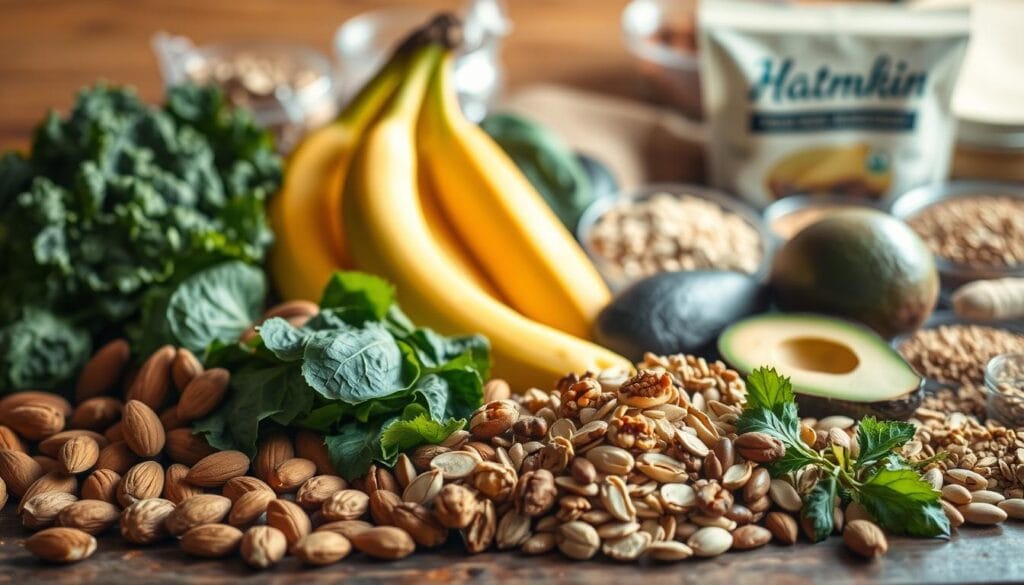 Tryptophane et minceur : rôle et efficacité réelle 2 A still life arrangement of various whole food sources of tryptophan, bathed in warm, natural lighting and captured from a slightly elevated, angled perspective. In the foreground, a selection of nuts and seeds such as almonds, walnuts, and pumpkin seeds. In the middle ground, a variety of leafy greens, including spinach and kale, as well as bananas and avocados. In the background, a few whole grain products like quinoa and oats. The arrangement is organized and visually appealing, conveying the idea of natural, wholesome sources of this essential amino acid.