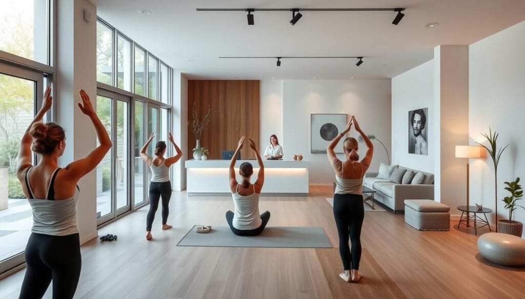Point Soleil Paris : centre bien-être dans le 17e 2 A tranquil, modern wellness center in the heart of Paris. The entrance features a sleek, minimalist design with large windows, allowing natural light to flood the space. In the foreground, a group of people engage in a peaceful yoga session, their movements graceful and focused. The middle ground showcases an inviting reception area, where a friendly staff member assists a guest. In the background, a serene lounge area with plush seating and soothing decor creates a sense of calm and relaxation. Soft, warm lighting accentuates the natural tones and textures throughout the space, evoking a nurturing, spa-like atmosphere.