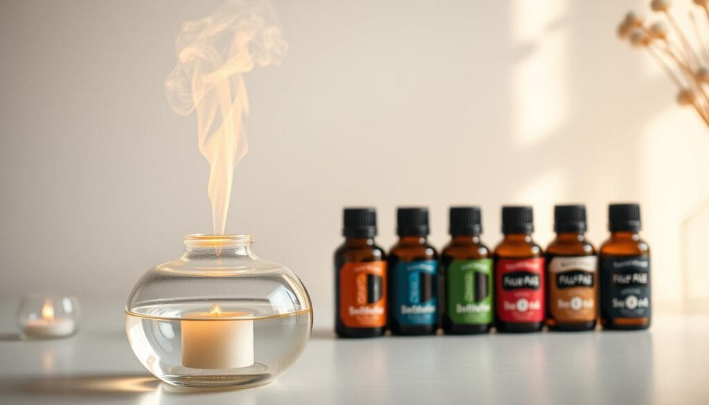 Rhume : les meilleures huiles essentielles à diffuser 2 A tranquil scene of essential oil diffusion methods. In the foreground, a delicate glass diffuser emits wisps of fragrant steam, casting a warm, soothing glow. In the middle ground, an array of essential oil bottles in various hues stand ready, their labels showcasing their unique properties. The background features a serene, minimalist setting with soft, natural lighting, emphasizing the calming atmosphere. The overall composition conveys a sense of mindfulness and wellness, perfectly suited to illustrate the section on using essential oils for relieving cold symptoms.