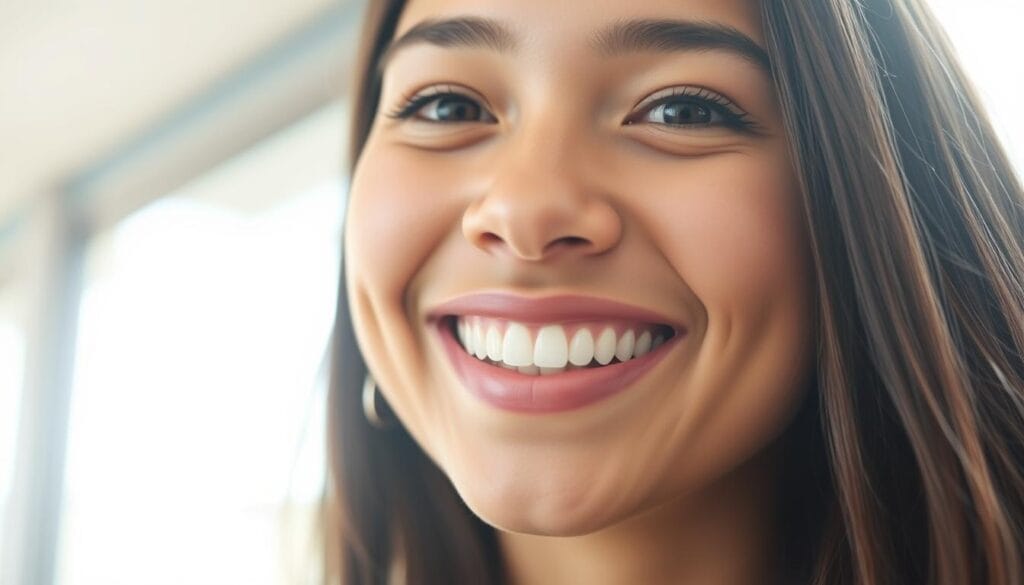 Être une personne solaire : attitude et énergie 1 A warm, radiant close-up portrait of a person with a genuine, joyful smile. The subject's face is well-lit, creating a soft, flattering glow. The background is slightly blurred, placing the focus entirely on the person's beaming expression. The eyes are bright and sparkling, conveying a sense of positivity and inner contentment. The lighting is natural, perhaps from a large window or soft diffused daylight, casting a gentle, uplifting ambiance. The subject's smile is effortless and sincere, reflecting a sunny, cheerful disposition. The overall mood is one of pure, unfiltered happiness and vibrant, infectious energy.