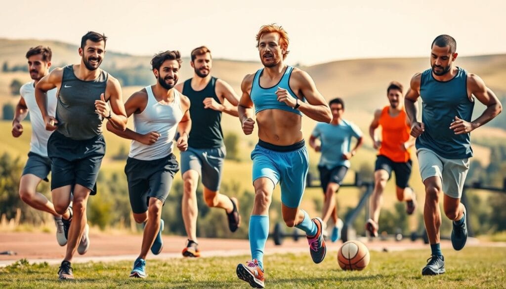 Libonex : efficacité et avis des utilisateurs 1 Active and healthy men engaging in various fitness activities in a bright, natural outdoor setting. A group of men of diverse ages and ethnicities are shown jogging, lifting weights, and participating in team sports such as basketball or soccer. The scene has a warm, vibrant color palette with a soft, diffused natural lighting that highlights the men's fit physiques and energetic movements. The background features a lush, verdant landscape with rolling hills, trees, and a clear blue sky, creating a sense of vitality and well-being. The overall composition conveys a positive, aspirational message about the benefits of an active, healthy lifestyle.