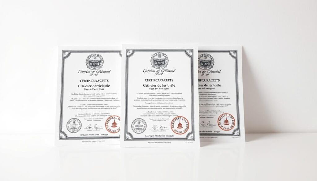 Clou de girofle : soulager une dent avec l’huile essentielle 1 Crisp, high-resolution close-up photograph of essential oil certifications in French, set against a clean, minimalist background. The certifications are placed in the center of the frame, with a soft, even lighting that highlights the intricate details and official seals. The overall composition emphasizes the quality and authenticity of the essential oils, conveying a sense of professionalism and expertise. The image has a calming, sophisticated atmosphere that is well-suited to illustrate the "Sélection d'une huile essentielle de qualité" section of the article.
