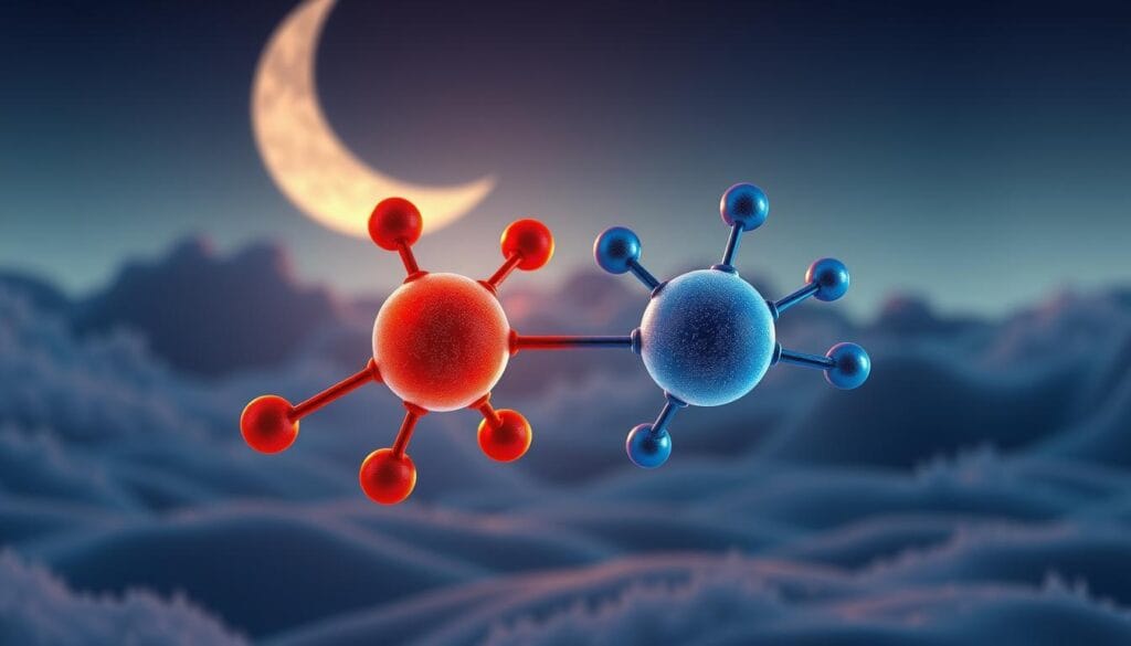 Tryptophane : existe-t-il un risque pour la santé ? 1 a detailed close-up illustration of serotonin and melatonin molecules, set against a peaceful, sleep-inducing background. the serotonin molecule is depicted in warm, vibrant tones, representing its role in mood regulation, while the melatonin molecule is shown in cool, calming hues, symbolizing its influence on the sleep-wake cycle. the molecules are rendered with scientific precision, showcasing their intricate chemical structures. the background features a serene, dimly lit landscape with a crescent moon and soft, glowing clouds, creating a tranquil, sleepy atmosphere. the overall composition conveys the interconnected relationship between tryptophan, serotonin, and melatonin, and their beneficial effects on sleep and mood.