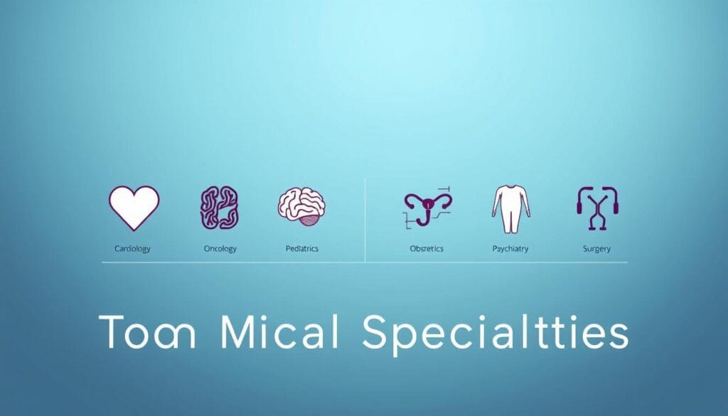 Top 7 spécialités médicales : guide carrières santé 2 A clean, minimalist medical diagram showcasing the top 7 medical specialties. In the foreground, elegant icons representing each specialty - cardiology, oncology, neurology, pediatrics, obstetrics, psychiatry, and surgery - arranged in a visually striking layout. The middle ground features a sophisticated grid-like structure, subtly hinting at the organizational frameworks underlying these fields. The background is a soft, muted palette of blues and grays, creating a professional, academic atmosphere. Crisp, high-contrast lighting highlights the key elements, lending an authoritative, educational feel. The overall composition is balanced, modern, and designed to clearly communicate the core "medical specialties" concept.
