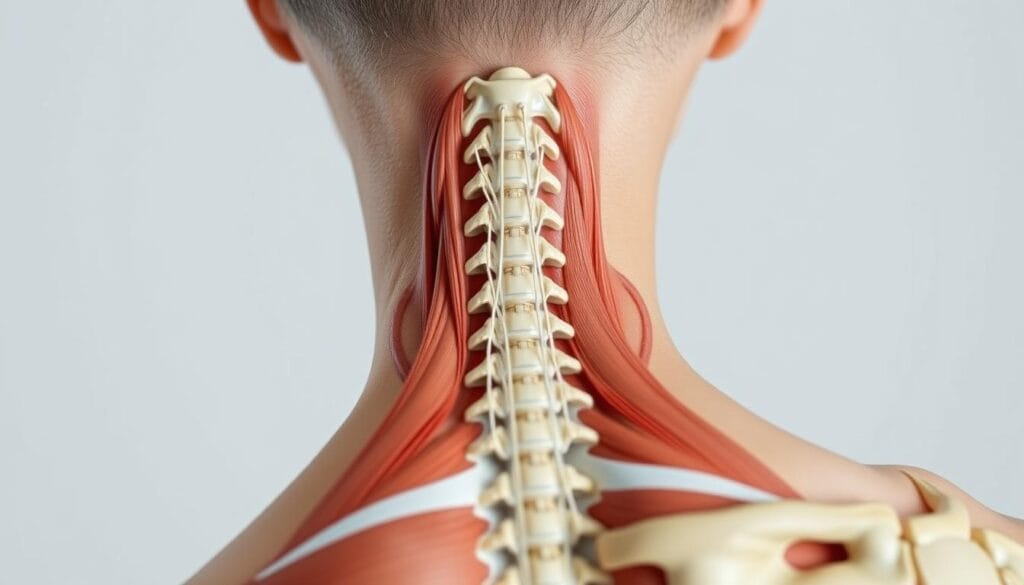 Torticolis : technique miracle en 10 secondes chrono 1 A close-up view of a person's neck, showcasing the underlying muscle structures and joints. The image should have a scientific, educational feel, with a neutral lighting setup that clearly highlights the key anatomical features involved in a torticollis condition. The foreground should depict the side and back of the neck, revealing the tightened, contracted muscles and misaligned vertebrae that contribute to the characteristic head tilt and limited range of motion. The middle ground could include a simplified illustration of the major muscle groups and nerves, while the background maintains a clean, minimalist design to avoid distractions. The overall tone should convey a sense of understanding and insight into the physiological causes and visual symptoms of torticollis.