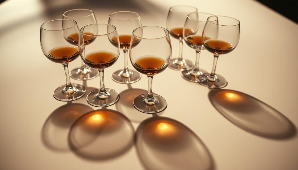 Vinaigre de cidre et cœur : dangers et précautions 2 A close-up view of an array of empty wine glasses, each with a single drop of amber-colored apple cider vinegar at the bottom, casting long, dramatic shadows across a stark, minimalist table surface. The glasses are arranged in a triangular formation, suggesting a sense of caution and potential danger. The lighting is moody and dramatic, with a warm, sepia-toned palette that evokes a sense of vintage and nostalgia. The overall composition conveys a sense of the risks and consequences associated with excessive cider vinegar consumption, hinting at the potential harm it can cause to one's heart health.