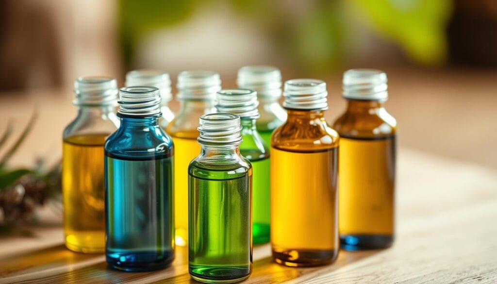 Kératose séborrhéique : traitements naturels efficaces 2 A close-up view of several glass bottles containing natural essential oils, arranged neatly on a wooden surface. The bottles are transparent, allowing the vibrant colors of the oils to be visible. The lighting is soft and diffused, creating a warm, inviting atmosphere. The focus is on the bottles, with a blurred background that suggests a natural, organic setting. The scene conveys a sense of serenity and wellness, reflecting the use of these natural treatments for skin health.
