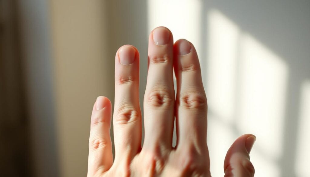 TCMH élevé : causes et signification de l'analyse 1 A deficiency in vitamin B12 manifested in a close-up view of a human hand, palm facing upwards, with a pale, slightly bluish hue to the skin. The fingers are slender and delicate, highlighting the condition's effects. The background is blurred, maintaining focus on the hand, which is illuminated by soft, natural lighting from the left, casting subtle shadows that accentuate the texture and contours of the skin. The overall mood is one of subtle concern, inviting the viewer to contemplate the implications of this nutritional deficiency.