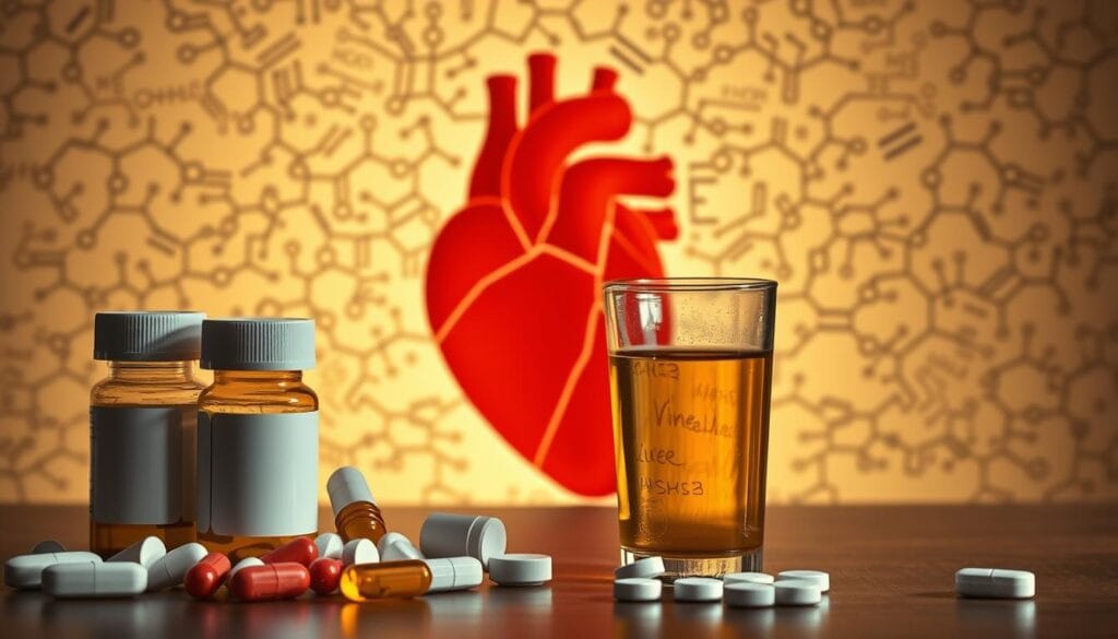 Vinaigre de cidre et cœur : dangers et précautions 1 A detailed illustration of the interactions between common heart medications and the effects of apple cider vinegar. In the foreground, a collection of pill bottles and a glass of apple cider vinegar, their shapes and colors contrasting sharply. In the middle ground, a stylized human heart, its rhythmic pulses visible. The background features a complex network of chemical structures and molecular diagrams, conveying the intricate biochemical processes at play. The lighting is warm and subdued, creating a sense of scientific contemplation. The composition is balanced and symmetric, lending an air of clinical precision to the scene. The overall mood is one of cautious exploration, highlighting the potential risks and precautions necessary when combining heart medications with apple cider vinegar.
