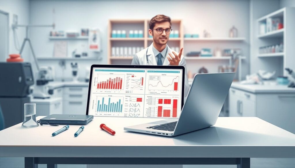 TCMH élevé : causes et signification de l'analyse 2 A detailed medical illustration depicting the interpretation of blood test results. A clean, well-lit examination table in the foreground holds various medical instruments and a laptop displaying detailed blood analysis charts. In the middle ground, a doctor in a white coat stands, gesturing to the data with a thoughtful expression. The background features a softly blurred medical laboratory setting, with test tubes, microscopes, and other diagnostic equipment. The overall scene conveys a sense of professionalism, expertise, and the careful analysis of complex health information.