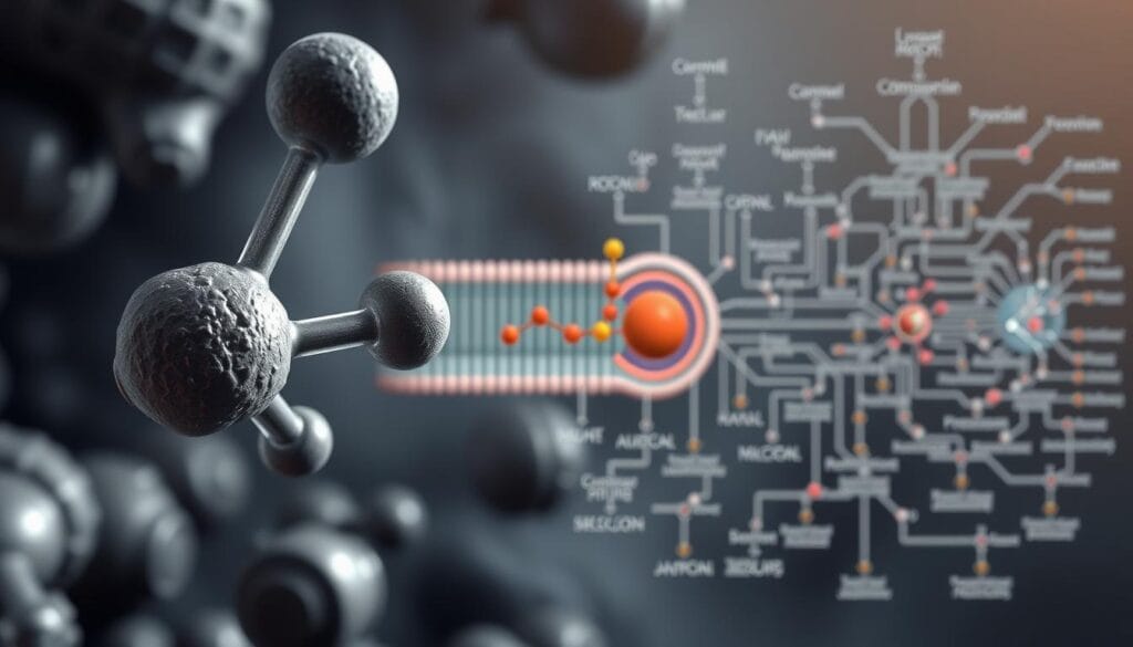 Performer 8 : avis complet et test détaillé 2025 1 A detailed, scientifically-accurate illustration of the mechanism of action of testosterone. Visible in the foreground is a 3D model of the testosterone molecule, rendered with realistic textures and lighting. In the middle ground, a cross-section of a cell membrane shows the testosterone receptor binding to the membrane and initiating a cascade of intracellular signaling events. In the background, a network of stylized molecular pathways and biochemical reactions depicts the downstream effects of testosterone, such as gene expression, protein synthesis, and physiological changes. The overall mood is informative and educational, with a focus on technical accuracy and visual clarity to support the article's subject matter.