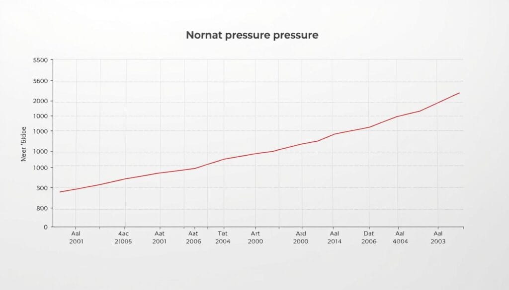 Tension normale par âge : tableau et valeurs de référence 1 A detailed, scientifically accurate line graph depicting the normal blood pressure values by age. The graph showcases the typical systolic and diastolic blood pressure readings across different age groups, from young children to elderly adults. The lines are cleanly rendered in a neutral color palette, with a minimalist grid and axis labels providing clear context. The overall aesthetic is clinical yet visually engaging, conveying the authoritative medical information in a straightforward, easy-to-understand manner. The lighting is soft and diffused, creating a sense of medical professionalism. The angle is a direct frontal view, centered on the graph for maximum impact and legibility.