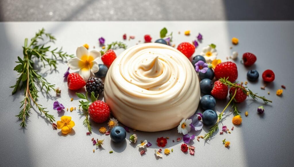 Damaclea : guide complet et informations pratiques 1 A luscious and creamy Damaclea-inspired confection, arranged with artful precision on a sleek, modern surface. The smooth, ivory-hued crème, crowned with delicate swirls and flecks of vanilla bean, takes center stage. Surrounding it, an assortment of fresh, vibrant ingredients - glistening berries, fragrant herbs, and a scattering of edible flowers - create a visually striking and harmonious composition. Soft, natural lighting casts gentle shadows, highlighting the textures and colors. The overall scene exudes a sense of refinement, showcasing the key components and their unique properties that contribute to the allure of this Damaclea specialty.