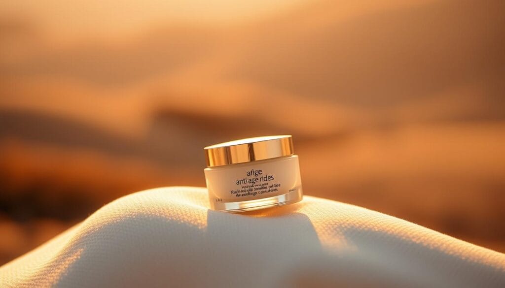 Damaclea : guide complet et informations pratiques 2 A luxurious anti-aging cream bottle resting on a soft, glowing surface, illuminated by warm, directional lighting. The bottle's elegant, minimalist design features a pearlescent finish that subtly reflects the light. The background is a serene, blurred landscape, hinting at a tranquil, rejuvenating atmosphere. The overall composition conveys a sense of premium quality, soothing efficacy, and youthful radiance, perfectly capturing the benefits of the "anti-âge rides" product.