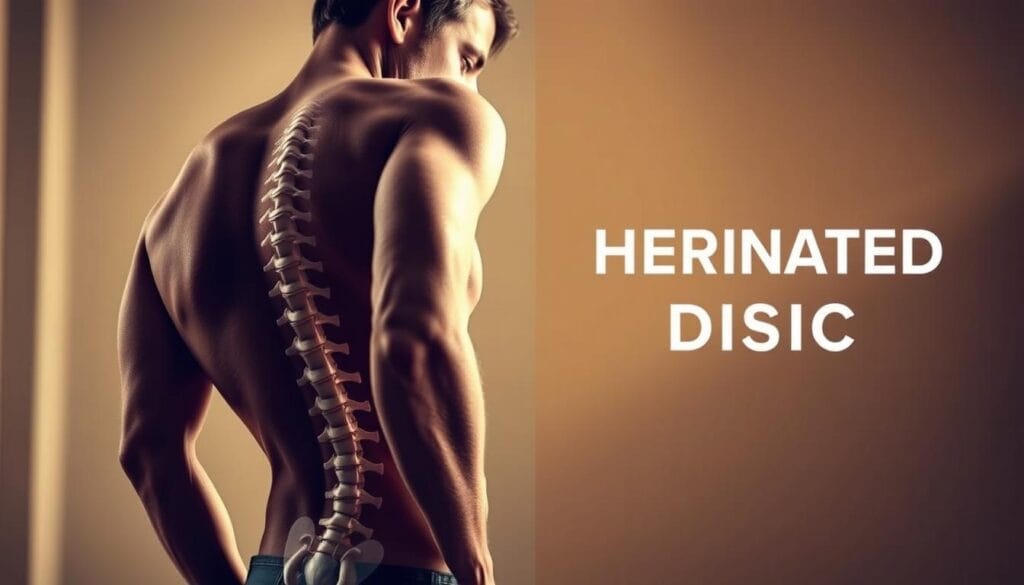 Hernie foraminale : vivre au quotidien avec conseils 1 A man standing with poor posture, shoulders slouched and spine curved, highlighting the causes of a herniated disc. The foreground depicts the distorted spinal alignment, with a detailed rendering of the vertebrae and disc bulging. The middle ground showcases the man's strained expression, conveying the discomfort and pain associated with the condition. The background is blurred, maintaining the focus on the subject's physical form and the underlying anatomical issues. Soft, warm lighting illuminates the scene, creating a somber, introspective atmosphere. Realistic textures and subtle shadows enhance the overall realism of the image.