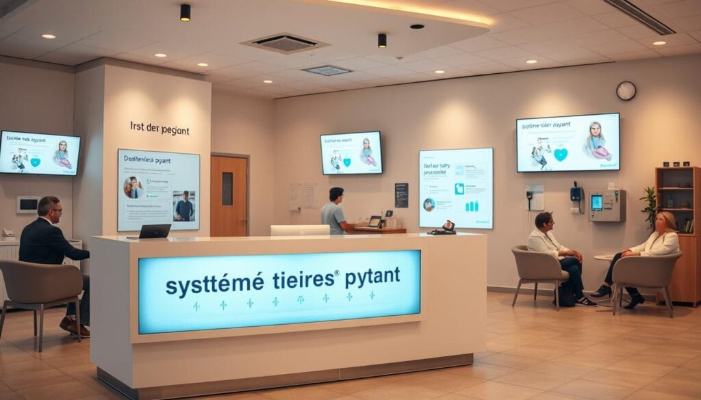 iSanté TP : accès plateforme santé étudiants 1 A modern medical clinic interior with a reception desk in the foreground. The desk features a large digital display showcasing the "système tiers payant" process. Behind the desk, patients sit in comfortable chairs, discussing healthcare options with staff members. The walls are adorned with informative posters and digital screens, providing details on the tiers payant system. Warm, diffused lighting creates a calming atmosphere, while the layout and design convey a sense of efficiency and professionalism. The scene captures the seamless integration of technology and healthcare, showcasing the accessible and transparent nature of the tiers payant system.
