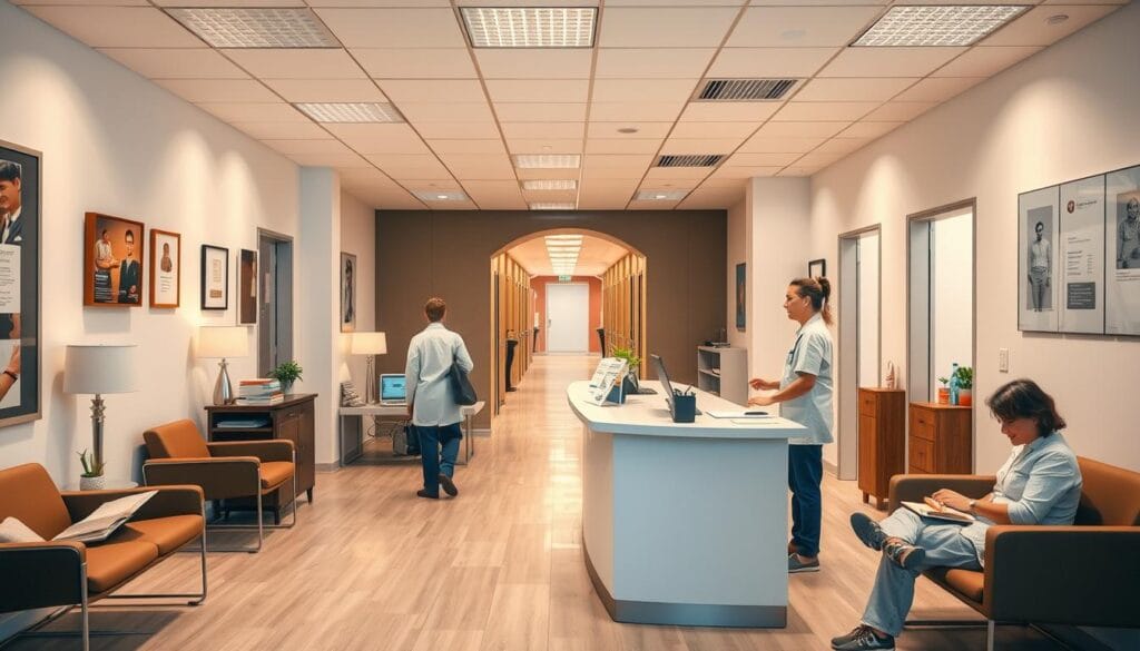 Radiologie La Rose : services et rendez-vous pratiques 1 A neatly organized medical office, with a large reception desk at the center. The foreground features a patient checking in, interacting with a friendly receptionist against a backdrop of modern furniture and decor. The middle ground showcases the waiting area, where other patients sit calmly, reading or using their devices. The background depicts a hallway leading to various exam rooms, conveying a sense of efficiency and professionalism. The lighting is warm and inviting, creating a comfortable atmosphere. The overall scene captures the smooth, streamlined process of booking a medical appointment, reflecting the "Processus de prise de rendez-vous et support" aspect of the article.