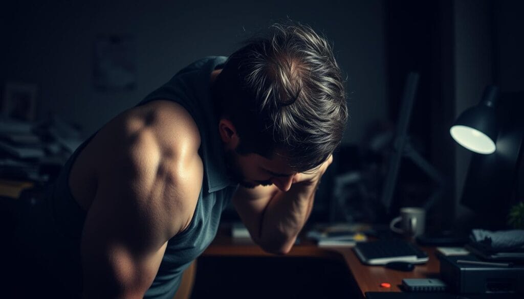 Torticolis : technique miracle en 10 secondes chrono 2 A person hunched over, shoulders slouched, neck strained in a painful-looking torticolis. The foreground depicts the subject's contorted posture, muscles tense, brow furrowed in discomfort. In the middle ground, the workspace environment is cluttered and chaotic, a messy desk and computer setup, creating a sense of stress and distraction. The background is dimly lit, with muted tones and shadows, adding to the gloomy, oppressive atmosphere. Dramatic, low-angle lighting casts dramatic shadows, emphasizing the subject's pained expression and awkward positioning. An unsettling, moody scene that visually communicates the impact of poor posture and high-stress environments.