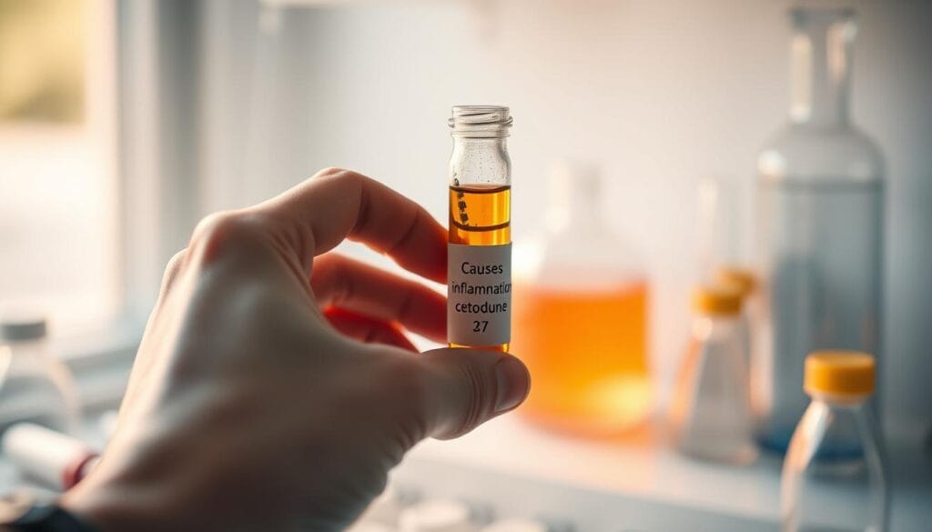 CRP ultrasensible : analyse et valeurs normales 2 A serene close-up of a human hand gently gripping a small glass vial filled with a viscous, amber-colored liquid against a softly blurred backdrop of scientific laboratory equipment. Warm, natural lighting from a nearby window casts a subtle glow, conveying a sense of contemplative study. The vial's label features the text "Causes inflammation chronique" in a minimalist, clinical font. The overall composition evokes a thoughtful, investigative mood, alluding to the analysis and understanding of underlying factors contributing to elevated C-reactive protein levels.