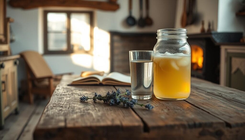 Prédire l'accouchement : astuces de grand-mère fiables 2 A serene, rustic kitchen scene with an old wooden table in the center. On the table, a glass of water, a sprig of lavender, and a jar filled with a cloudy, golden liquid - the traditional "méthode traditionnelle grossesse" remedy. Soft, natural lighting filters through the window, casting a warm glow on the scene. The background features a cozy fireplace, a well-worn cookbook, and a few simple kitchen utensils hanging on the wall, hinting at the timeless wisdom of this age-old folk remedy. The overall atmosphere conveys a sense of tranquility, tradition, and the comfort of trusted, time-honored practices.