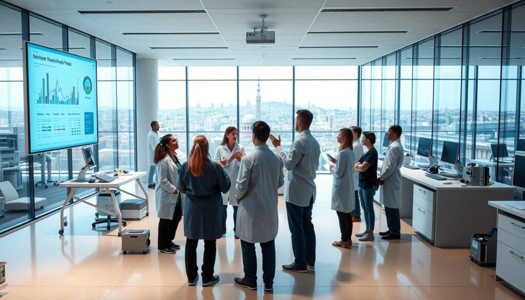 Top 7 spécialités médicales : guide carrières santé 1 A serene, well-lit interior of a modern medical research facility, with glass walls and sleek, minimalist furnishings. In the foreground, a group of medical professionals in lab coats and scrubs engaged in a lively discussion, gesturing towards a large projected display showcasing data visualizations and charts. The middle ground features rows of state-of-the-art diagnostic equipment and workstations, hinting at the cutting-edge medical research conducted within. The background depicts a panoramic view of the Parisian skyline, suggesting the facility's location and the broader context of France's healthcare reforms. The overall atmosphere conveys a sense of progress, innovation, and collaborative effort towards improving the nation's medical system.