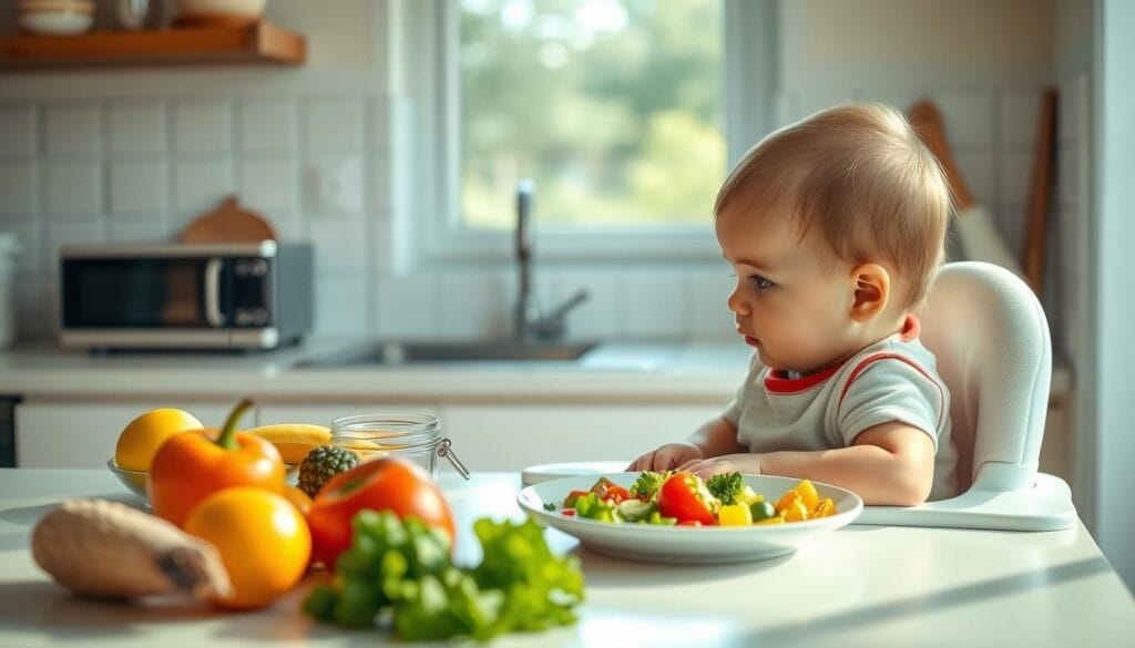 YamonBebe : guide grossesse et petite enfance complet 2 A serene, well-lit kitchen setting with a healthy baby sitting in a high chair, gazing curiously at a plate filled with vibrant, nutrient-rich baby food. Soft afternoon sunlight filters through a nearby window, casting a warm glow on the scene. On the countertop, an array of fresh, organic ingredients - fruits, vegetables, and whole grains - suggest the process of preparing a nourishing homemade meal. The overall atmosphere conveys a sense of care, attention, and a dedication to the baby's optimal health and development.