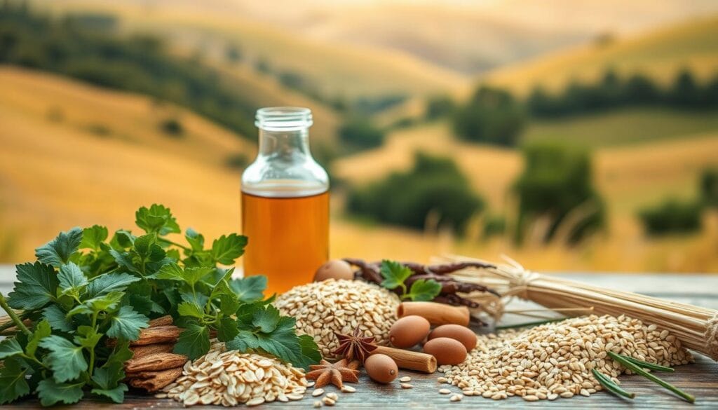 Baisser le cholestérol en 10 jours : méthodes naturelles 2 A tranquil scene of natural remedies for lowering cholesterol. In the foreground, an arrangement of fresh herbs, spices, and whole grains like oats and barley. In the middle ground, a glass bottle filled with a golden liquid, representing a natural cholesterol-lowering supplement. The background features a serene landscape with rolling hills, lush greenery, and a warm, diffused lighting that creates a calming atmosphere. The overall composition conveys a sense of wellness, balance, and the power of nature to support cardiovascular health.
