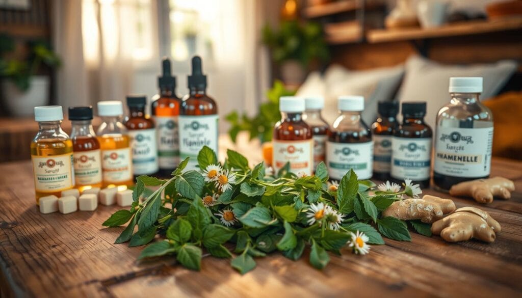 Toux nocturne : solutions pour enfin dormir sereinement 2 A tranquil scene of natural remedies for soothing nighttime coughs. In the foreground, a wooden table is adorned with a variety of herbal tinctures, syrups, and lozenges arranged neatly. Soft, warm lighting illuminates the scene, casting a comforting glow. In the middle ground, lush greenery - fresh mint, chamomile, and ginger - spills across the table, their vibrant colors and textures contrasting with the earthy tones of the wooden surface. The background depicts a cozy, rustic interior, hinting at a peaceful, intimate setting where these natural remedies can be prepared and enjoyed. The overall atmosphere is one of simplicity, efficacy, and natural wellness, perfectly capturing the essence of "Remèdes naturels pour calmer la toux la nuit".