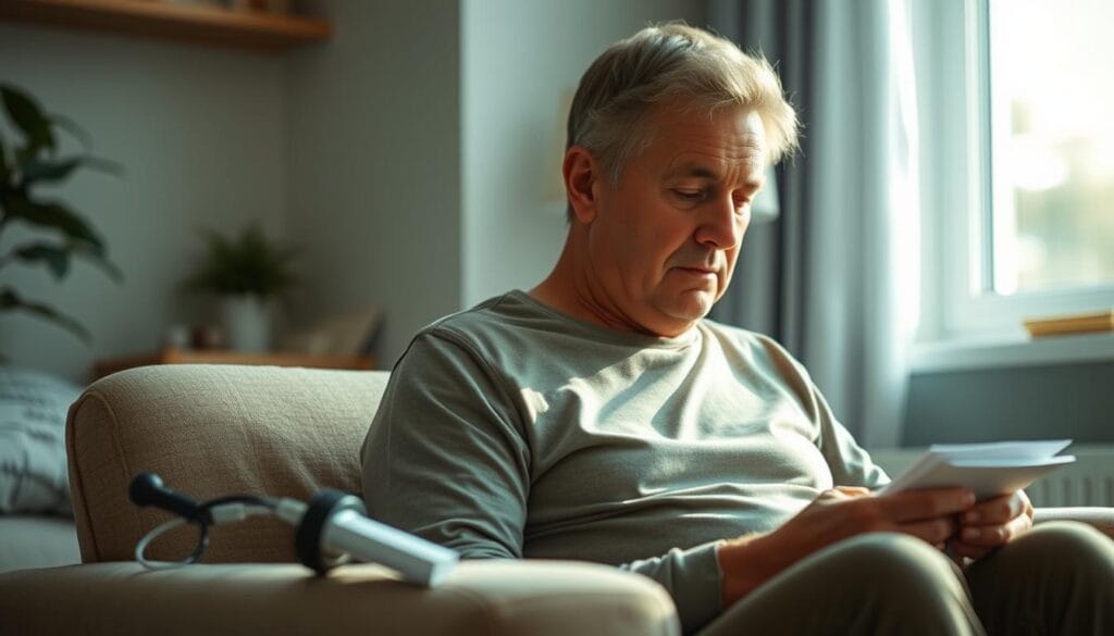 Hernie foraminale : vivre au quotidien avec conseils 2 A tranquil, serene scene of a person engaging in everyday activities with a foraminous hernia. The foreground features a middle-aged individual, sitting comfortably on a chair, focusing intently on a task at hand, perhaps reading or writing. Gentle lighting from a nearby window casts a warm, comforting glow, highlighting the person's expression of calm and concentration. In the middle ground, subtle medical devices or aids discreetly assist the individual, blending seamlessly into the environment. The background depicts a cozy, home-like setting, with soft textures, muted colors, and a sense of privacy and personal comfort, conveying the idea of living well with this condition on a daily basis.