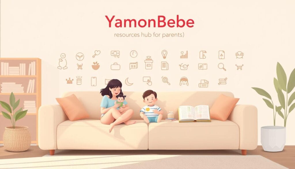 YamonBebe : guide grossesse et petite enfance complet 1 A tranquil, welcoming illustration of the "YamonBebe" resource hub for parents. In the foreground, a young family - a mother, father, and infant child - sit together on a plush, inviting couch. Soft, natural lighting filters in, casting a warm, serene ambiance. In the middle ground, various parenting resources are neatly displayed, including books, guides, and digital devices. The background features a minimalist, clean design, with stylized icons and illustrations related to pregnancy, childcare, and family life. The overall scene conveys a sense of comfort, support, and the comprehensive nature of the "YamonBebe" platform for expectant and new parents.