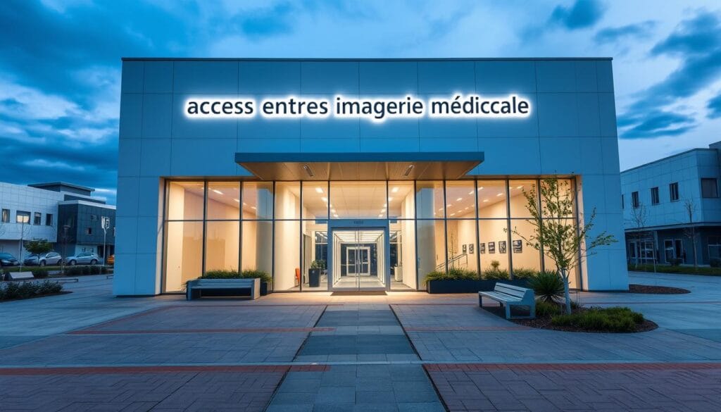 Radiologie La Rose : services et rendez-vous pratiques 2 A well-lit medical imaging center with a clear, modern signage reading "accès centres imagerie médicale" above the entrance. The building has a sleek, minimalist design with large windows allowing natural light to flood the interior. The front plaza features orderly pathways, benches, and landscaping elements that create a welcoming and accessible atmosphere. In the background, there are other medical facilities or related buildings, suggesting a comprehensive healthcare campus. The overall scene conveys a sense of professionalism, efficiency, and ease of access for patients seeking medical imaging services.
