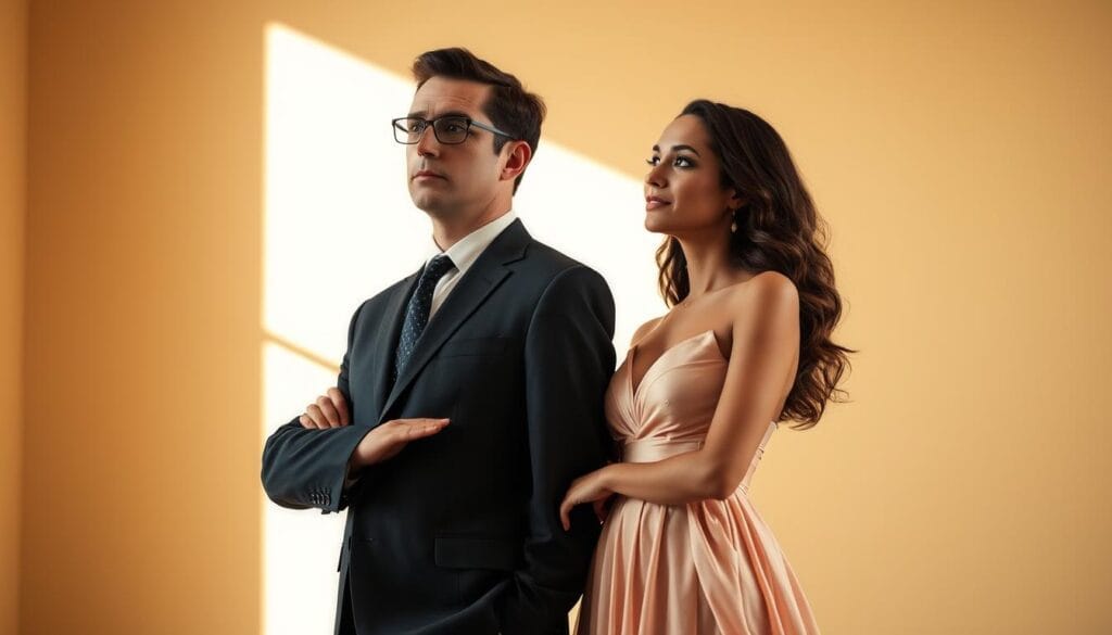 Tension normale par âge : tableau et valeurs de référence 2 Two elegant, diverse figures standing in thoughtful contrast, illuminated by warm, natural lighting. The man, in a crisp suit, exudes authority and composure. The woman, in a flowing dress, radiates grace and poise. Their postures and expressions suggest a subtle yet palpable tension - a moment of pause, an unspoken exchange between equal but distinct energies. The background is softly blurred, allowing the viewer to focus on the nuanced interplay between these two archetypes. Captured with a medium-wide lens, the composition emphasizes the subjects' complementary, yet distinct, presence.