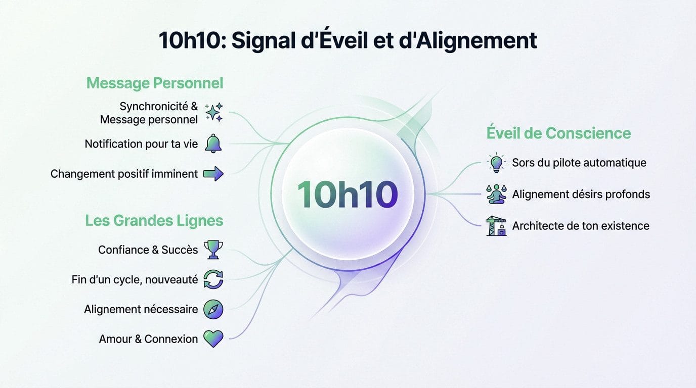 Illustration symbolique de l'heure miroir 10h10 évoquant l'éveil et l'alignement personnel