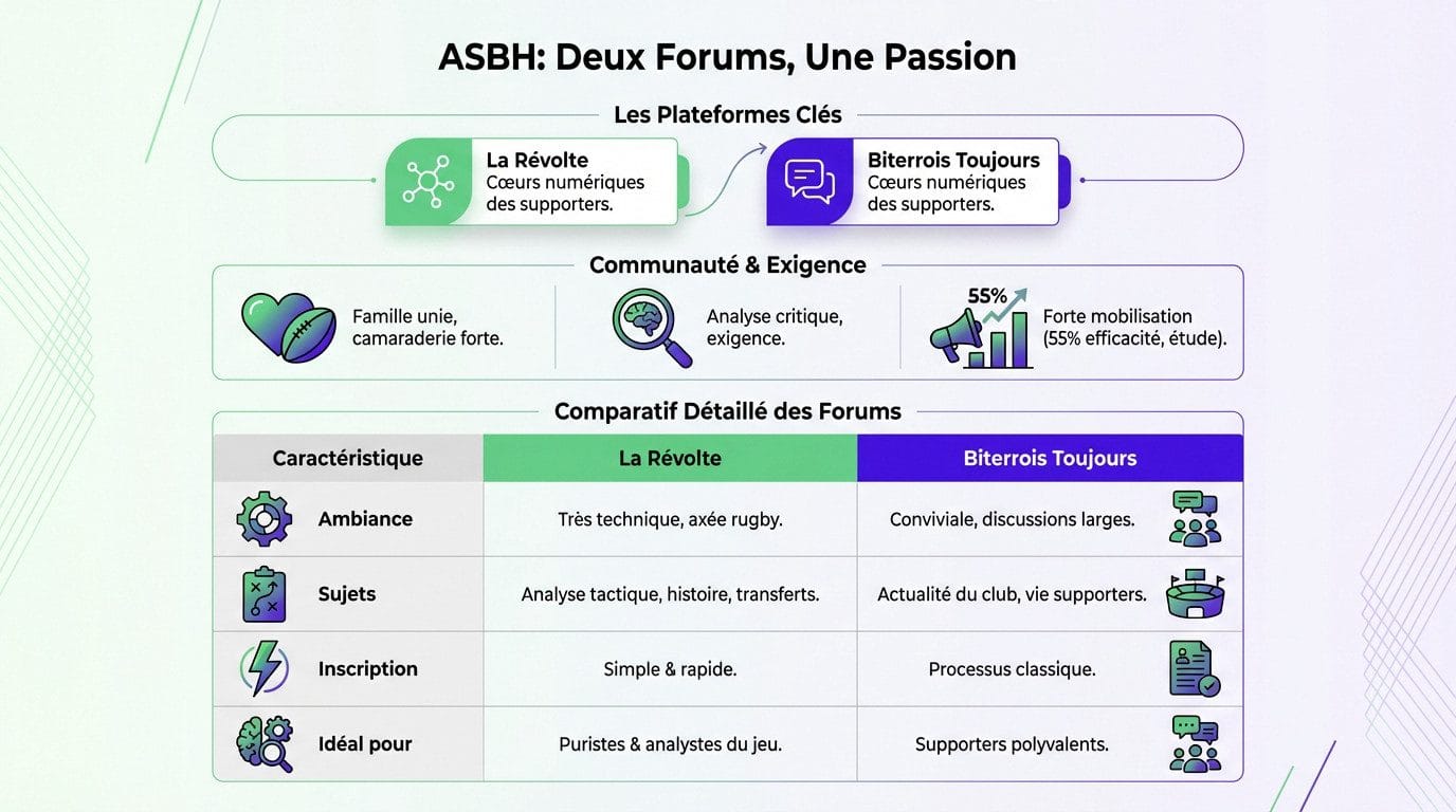 Forum ASBH : le cœur battant de la passion biterroise 1 Supporters de l'ASBH échangeant sur les forums La Révolte et Biterrois Toujours