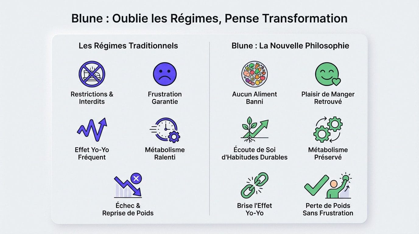 Illustration de la méthode Blune montrant une transformation positive et une alimentation équilibrée sans régime strict
